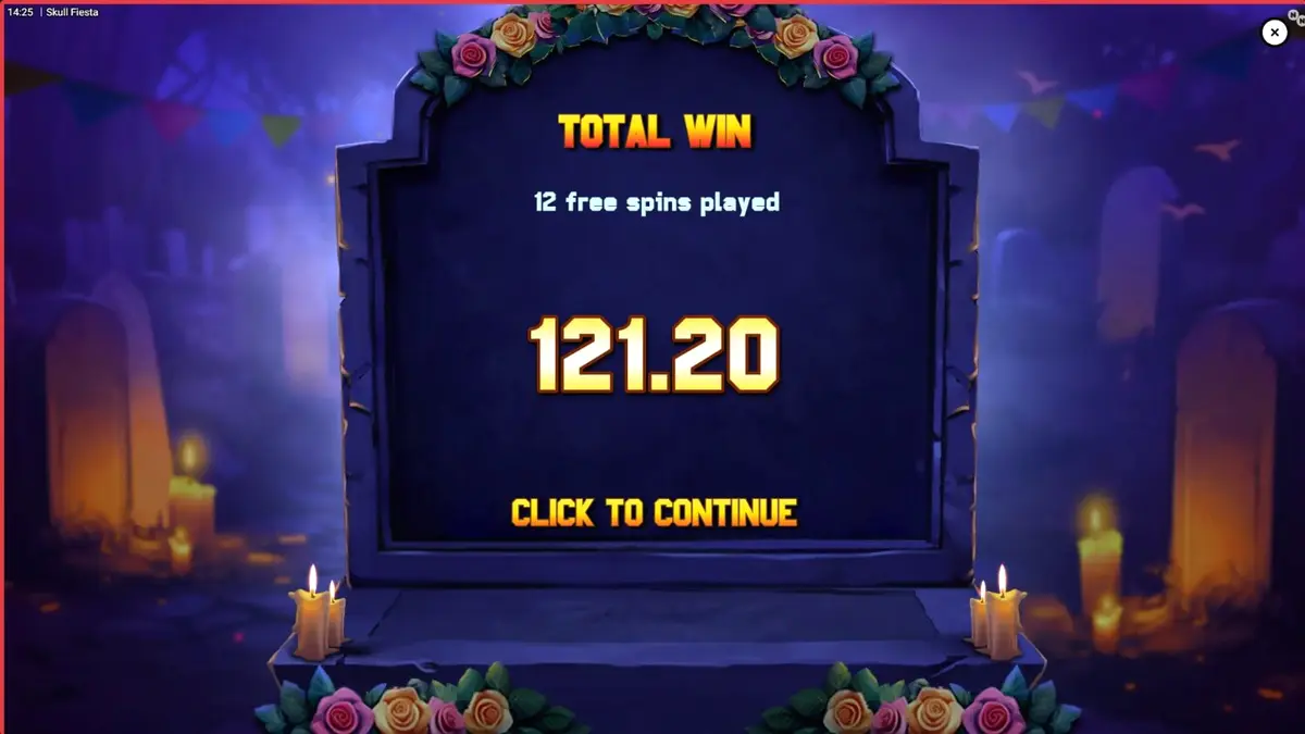 Tampilan visual slot Skull Fiesta dengan tema Day of the Dead yang penuh warna dan tengkorak.