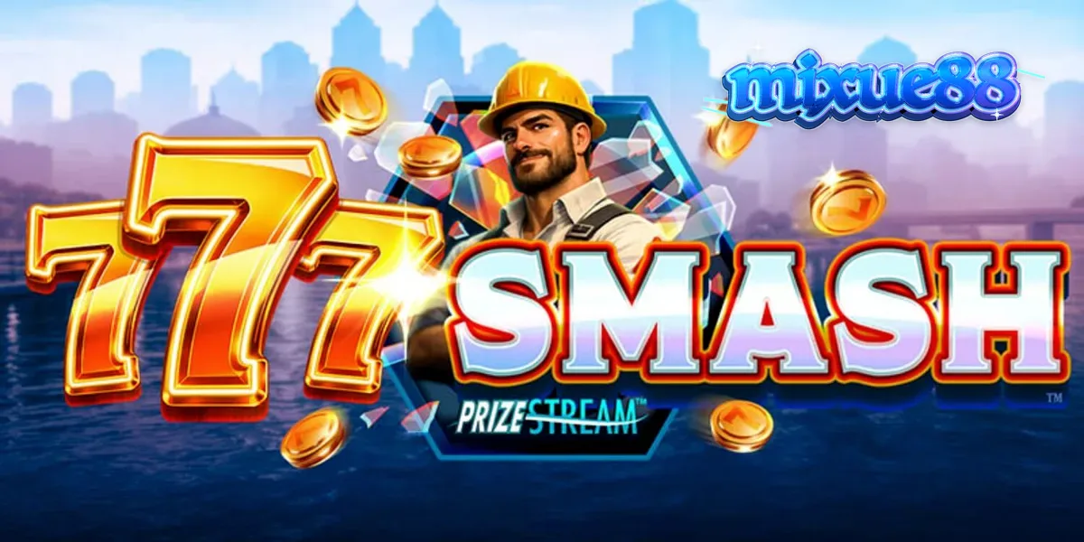 Tampilan visual slot 777 Smash dengan latar belakang konstruksi gedung tinggi dan bola penghancur.